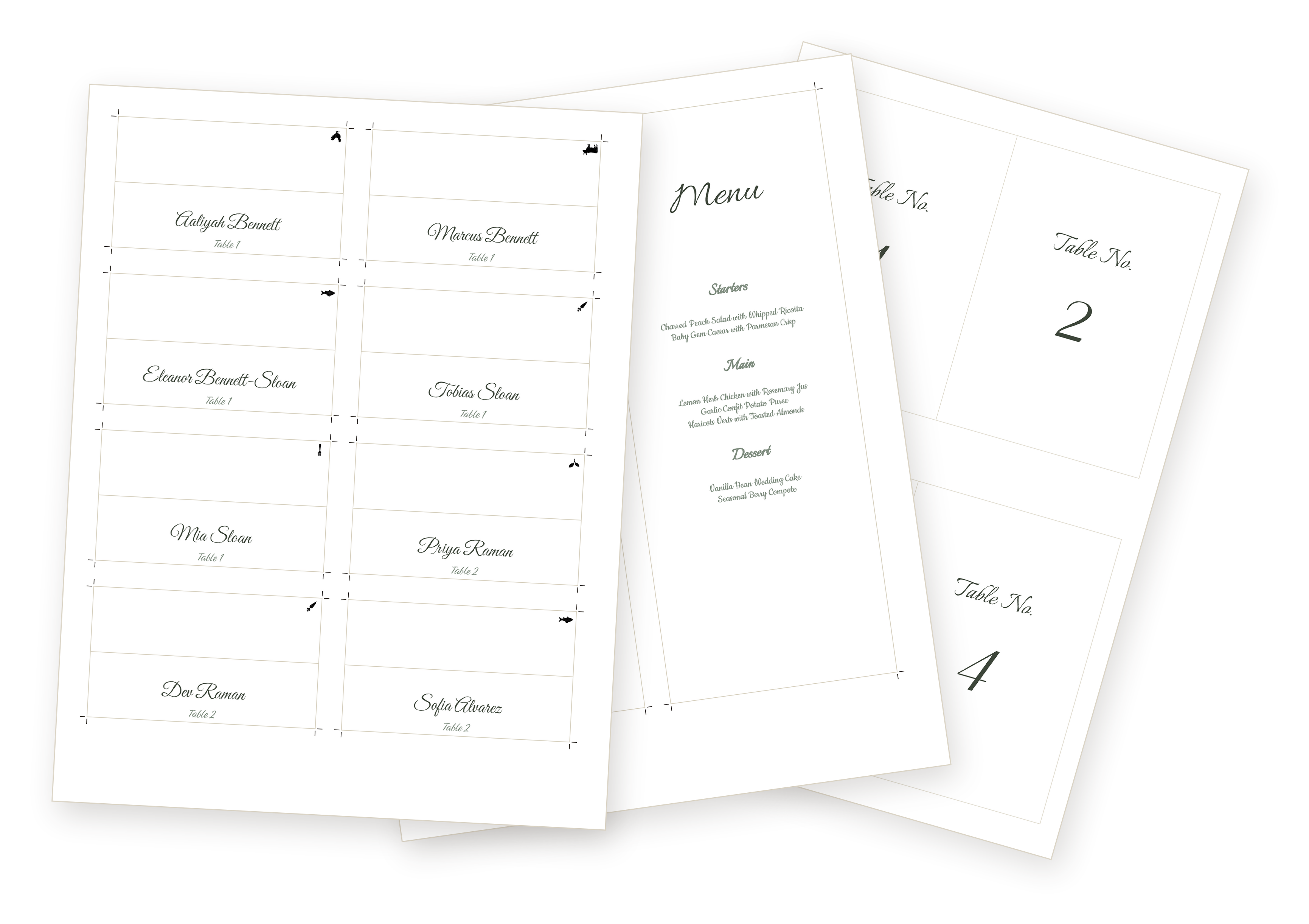 Three print-ready wedding stationery previews layered together