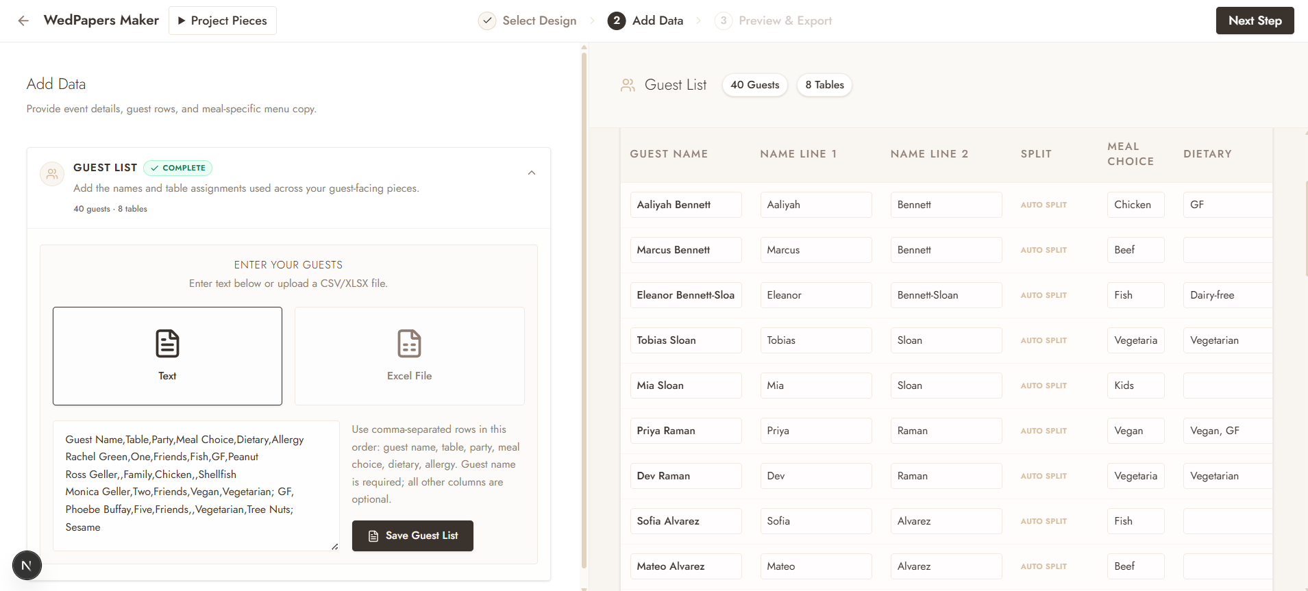 WedPapers Maker guest list editing screen