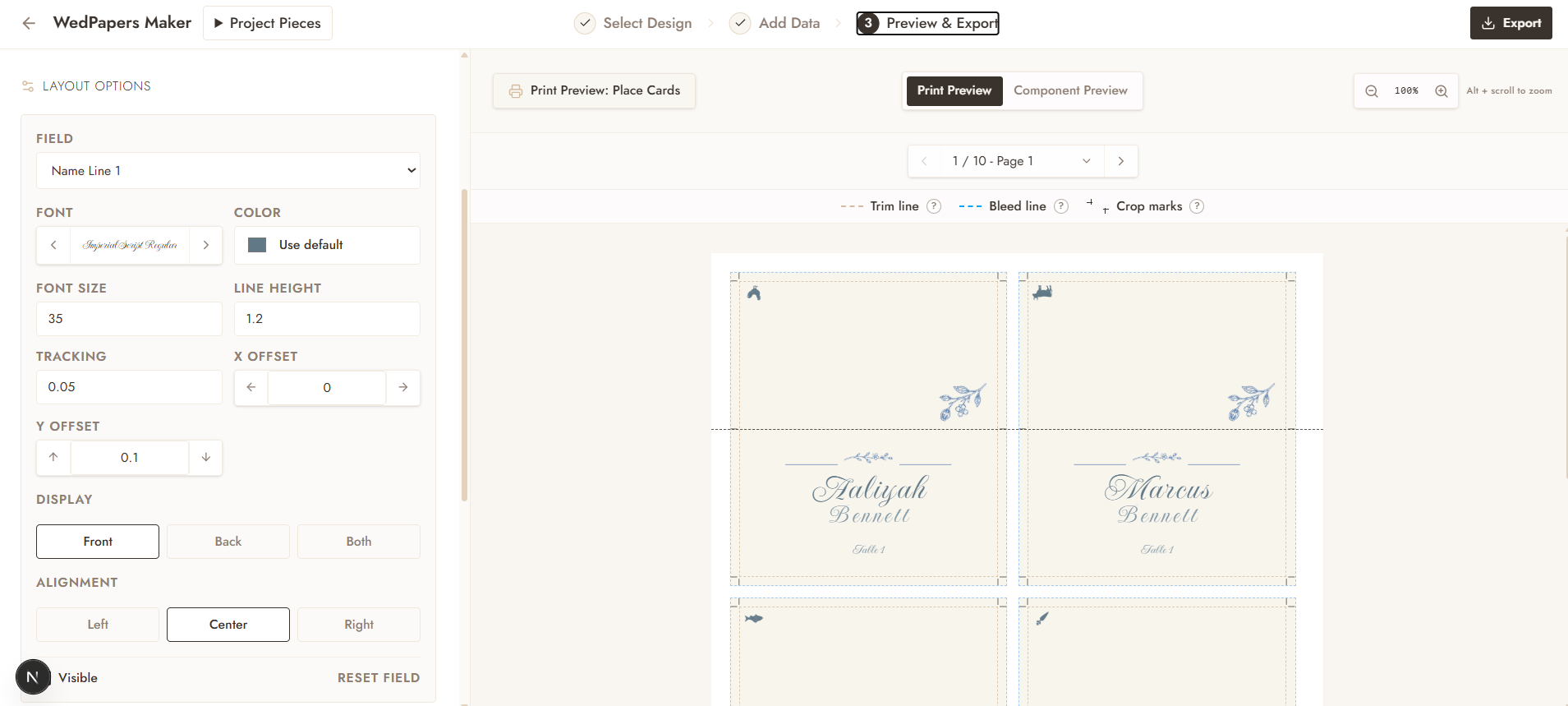 WedPapers Maker preview and export screen