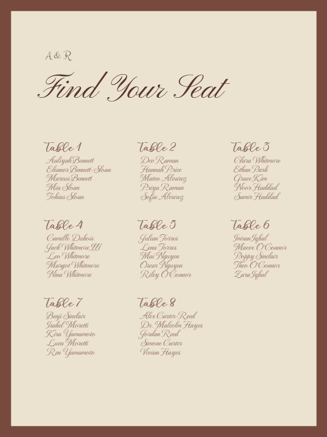 Azure Line Frame wedding seating chart preview with example wedding details