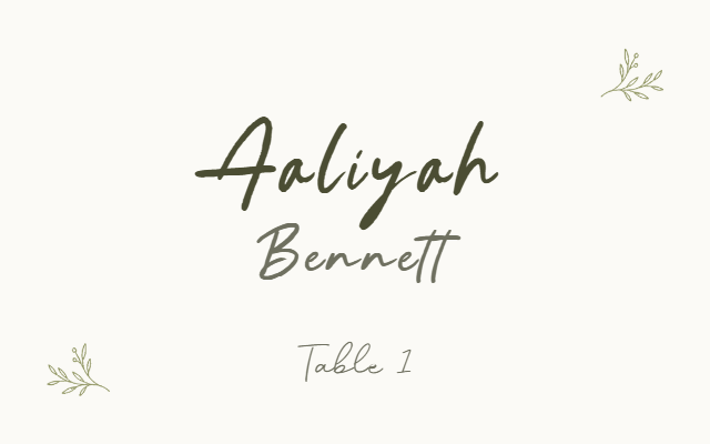 Botanical Script wedding escort card preview with example wedding details