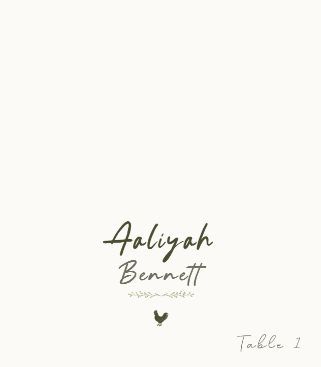 Botanical Script wedding place card preview with example wedding details