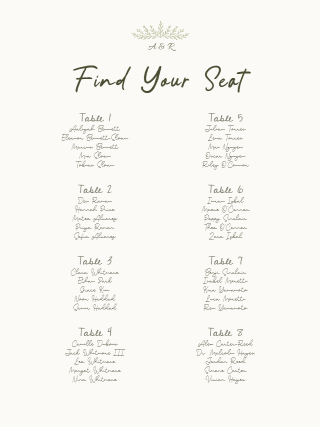 Botanical Script wedding seating chart preview with example wedding details