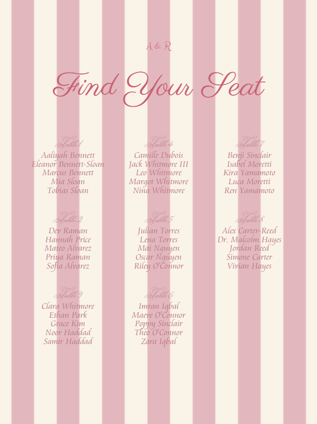 Harbor Stripe wedding seating chart preview with example wedding details