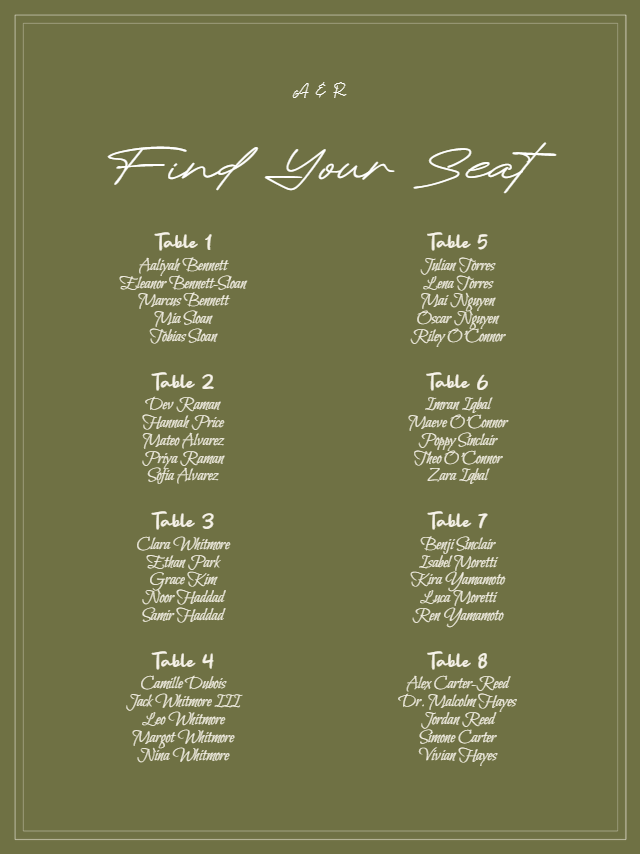Heritage Double Line wedding seating chart preview with example wedding details