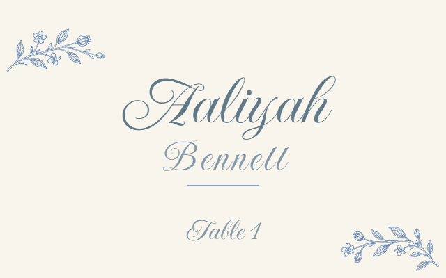 Porcelain Garden wedding escort card preview with example wedding details