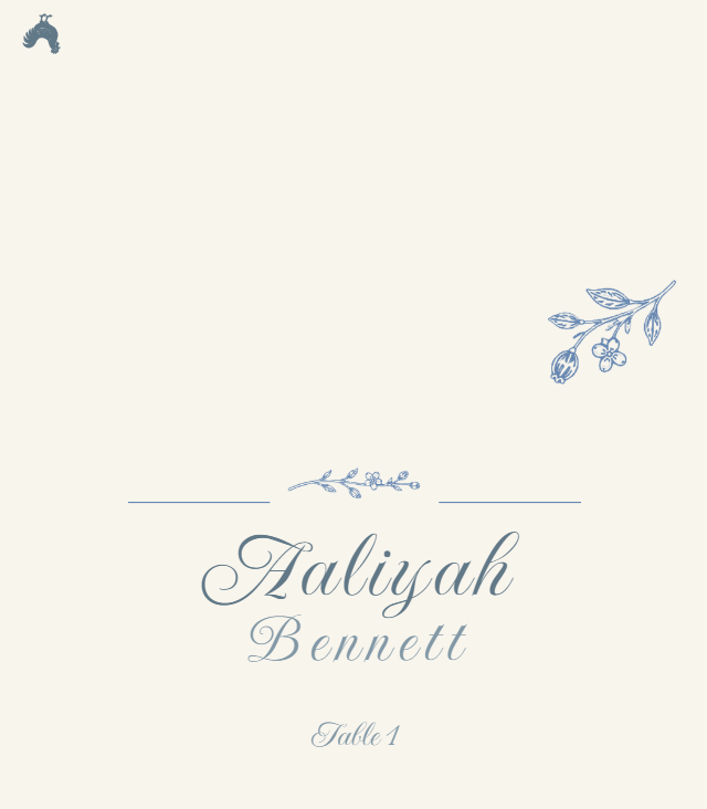 Porcelain Garden wedding place card preview with example wedding details