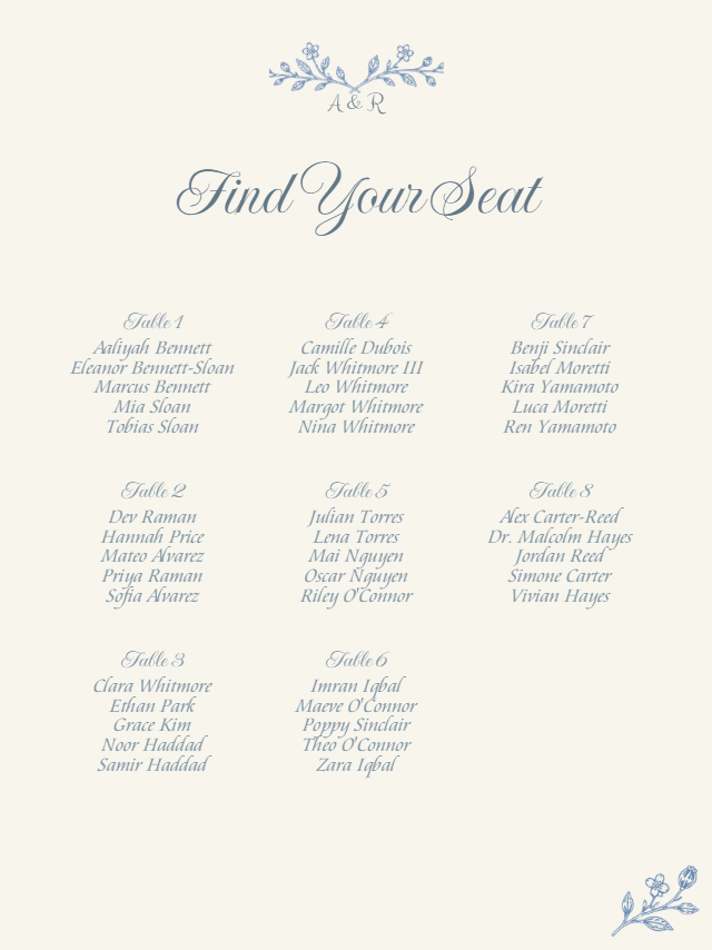 Porcelain Garden wedding seating chart preview with example wedding details