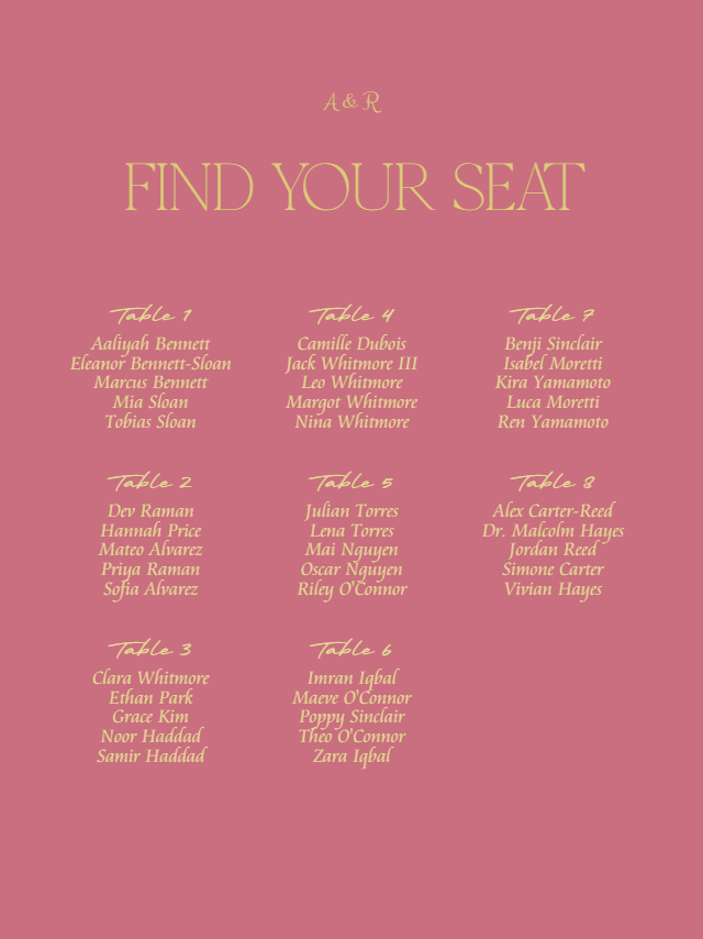 Romantic Script wedding seating chart preview with example wedding details